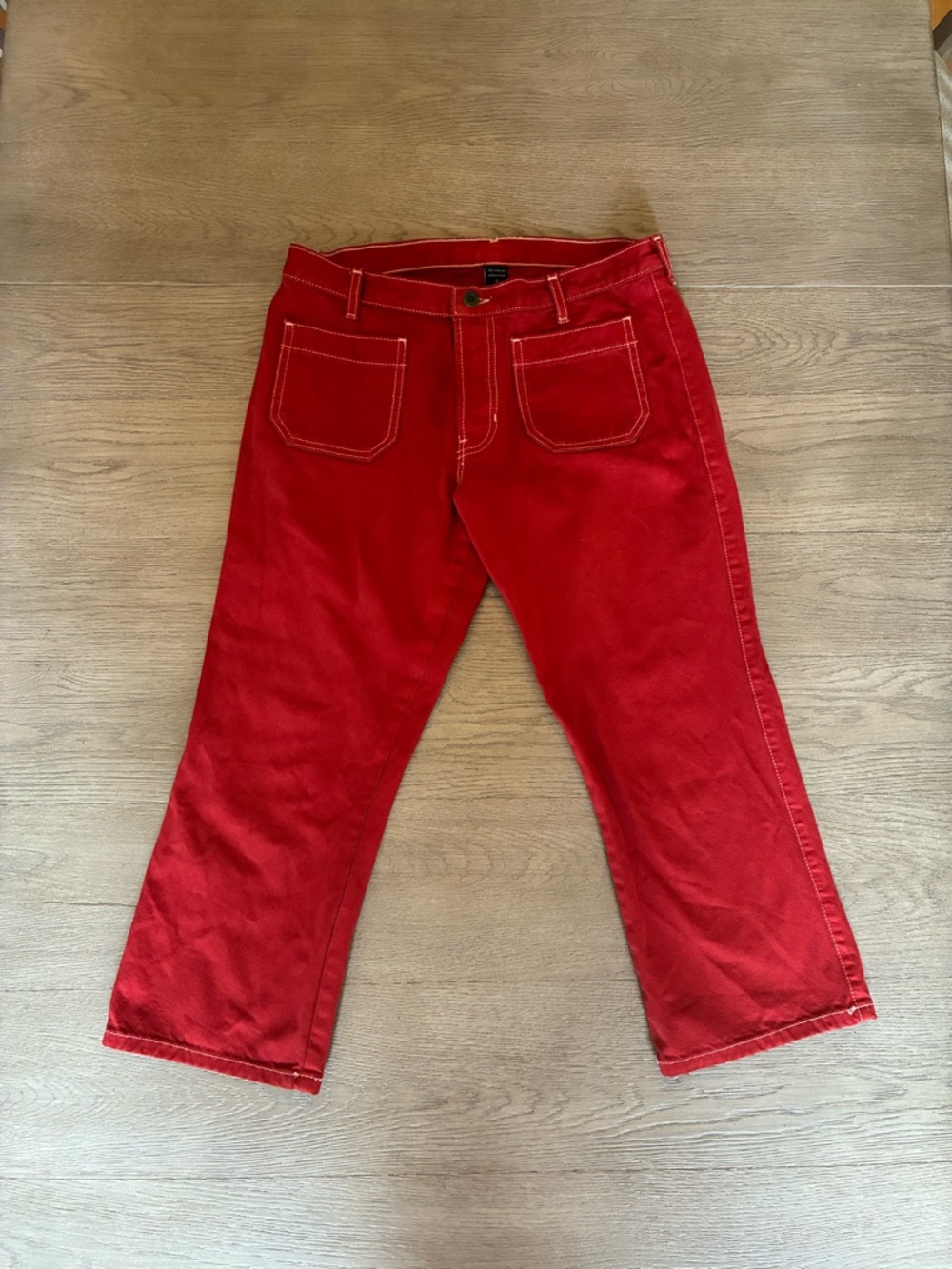 Bright Red Cropped Pants with Contrast Stitching